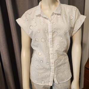 Alex & Jordan White Floral Eyelet Lace Whimsy Fairy Button up Blouse Coquette L‎